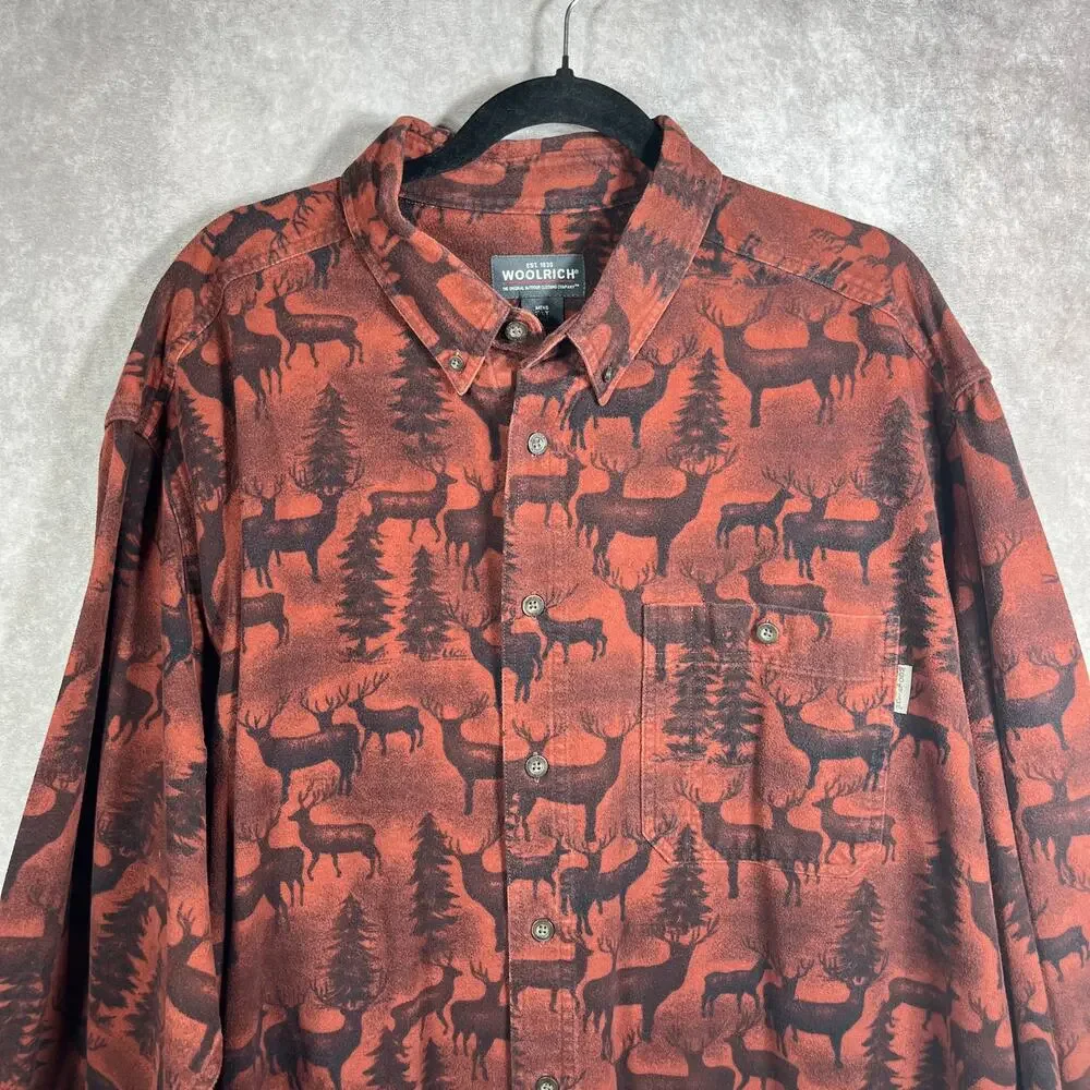Woolrich Shirt Mens 2XLT Brown Deer Print Button Up Long Sleeves Casual Outdoors